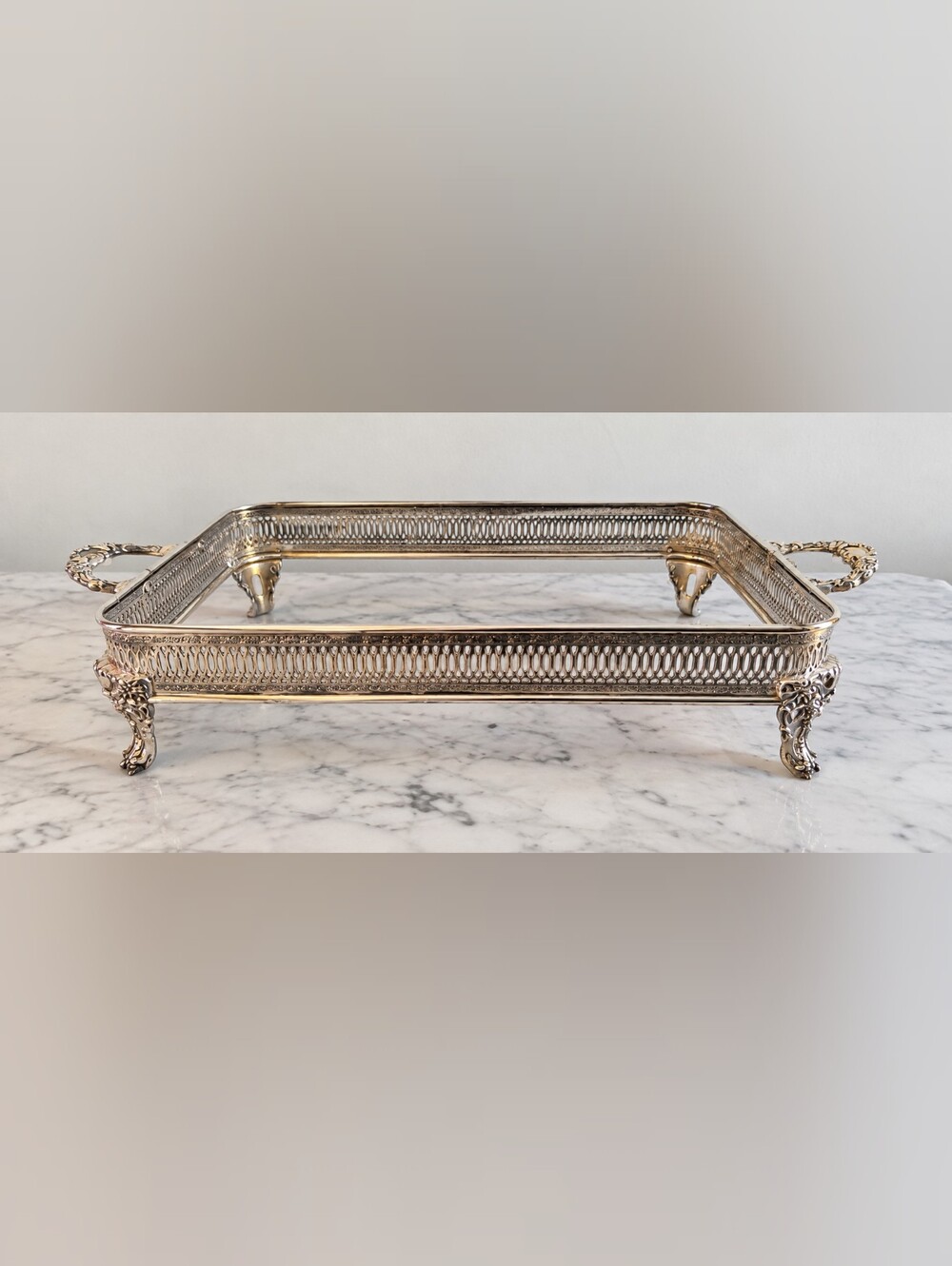 Vintage Silverplate 9x13 Casserole Caddy Pyrex Holder Pierced Footed Tray